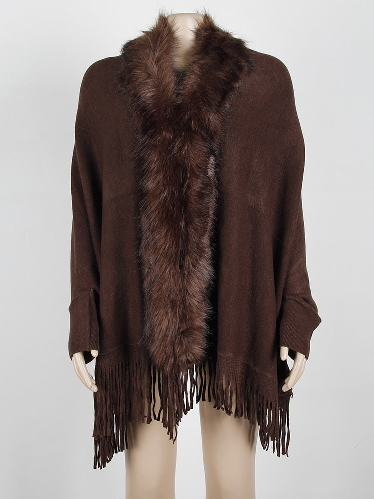 Fitshinling Fur Collar Winter Shawls And Wraps Bohemian Fringe Oversized Womens