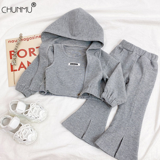 Autumn Girls Baby Fashion Clothing Sets Kids Sports Suits Split Flared Pants Hooded