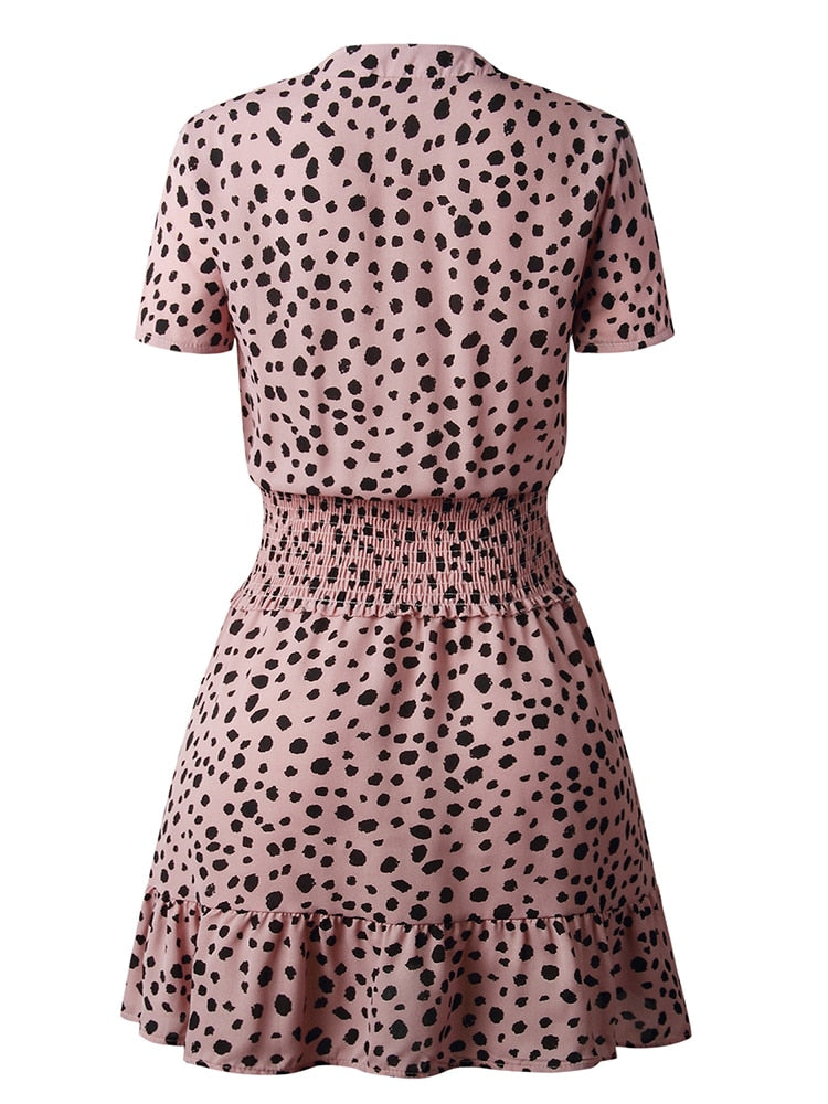 Dress Women Leopard Casual Black Summer Ruffle Mini Dresses Buttons Ladies Purple