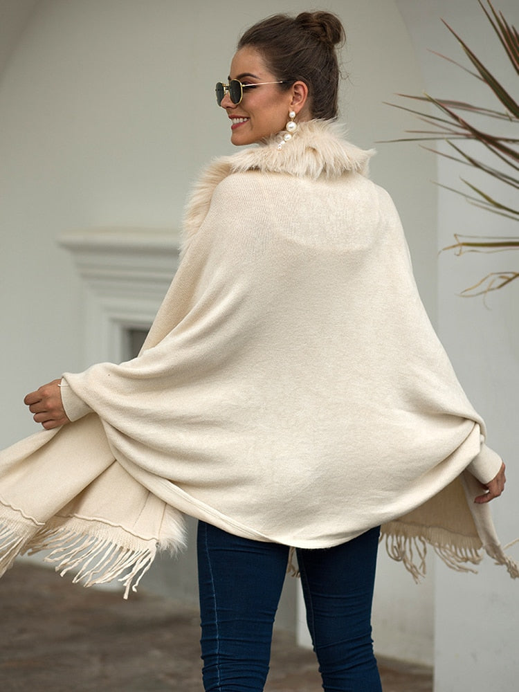 Fitshinling Fur Collar Winter Shawls And Wraps Bohemian Fringe Oversized Womens