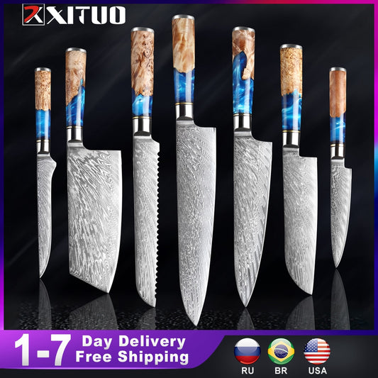 XITUO Kitchen Knives-Set Damascus Steel VG10 Chef Knife Cleaver Paring Bread Knife