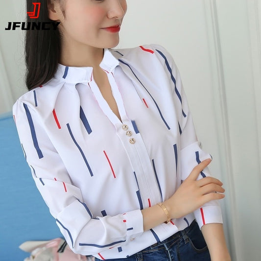 JFUNCY Women White Tops and Blouses Fashion Stripe Print Casual Long Sleeve Office