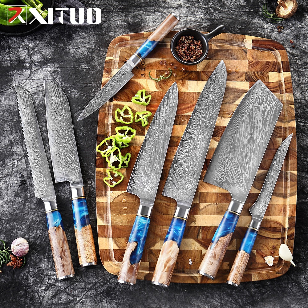 XITUO Kitchen Knives-Set Damascus Steel VG10 Chef Knife Cleaver Paring Bread Knife