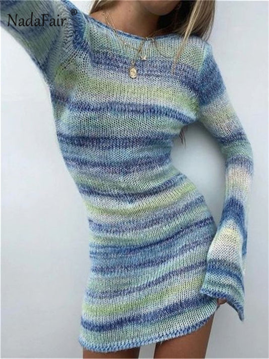 Nadafair Tie Dye Mini Knitted Sweater Dress Women Long Sleeve Autumn Outfits Sexy