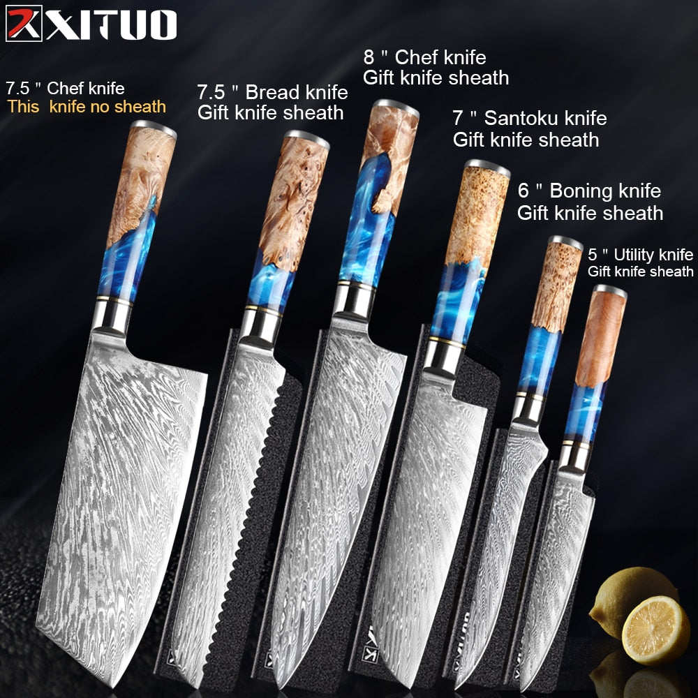 XITUO Kitchen Knives-Set Damascus Steel VG10 Chef Knife Cleaver Paring Bread Knife