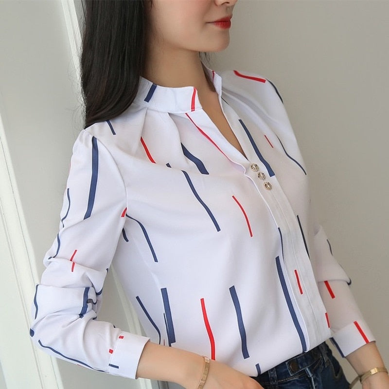 JFUNCY Women White Tops and Blouses Fashion Stripe Print Casual Long Sleeve Office