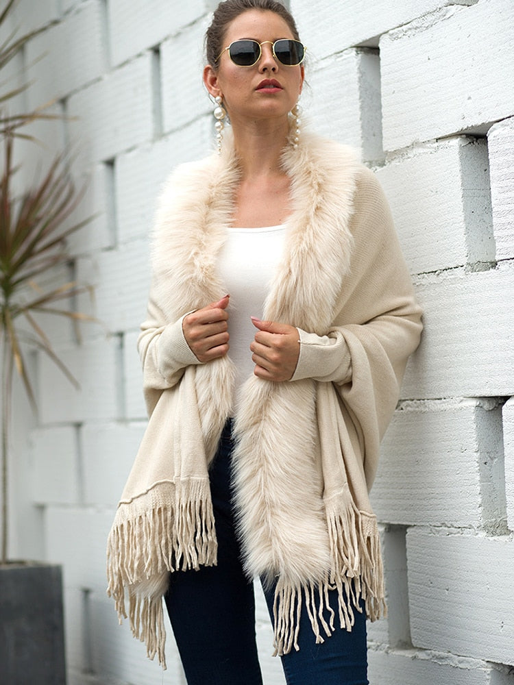 Fitshinling Fur Collar Winter Shawls And Wraps Bohemian Fringe Oversized Womens