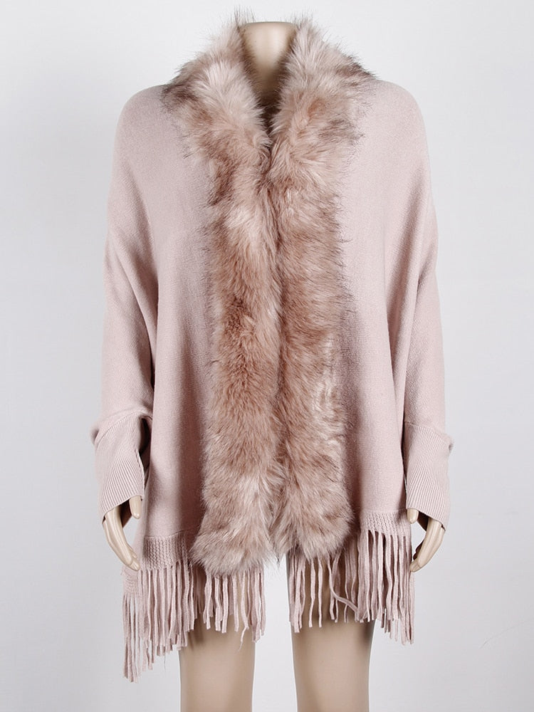 Fitshinling Fur Collar Winter Shawls And Wraps Bohemian Fringe Oversized Womens