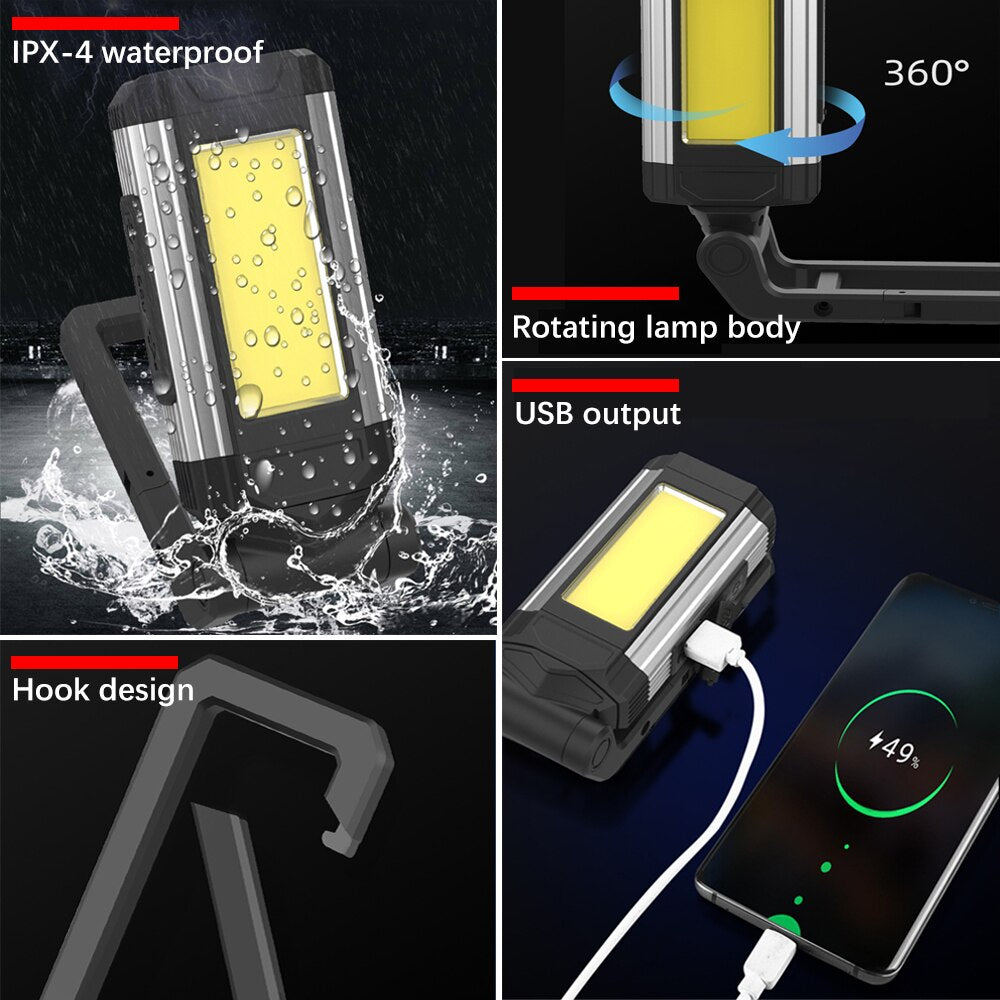 USB Rechargeable COB Work Light Super Bright LED Flashlight Portable Camping Lamp