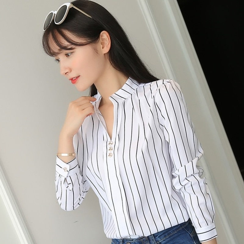 JFUNCY Women White Tops and Blouses Fashion Stripe Print Casual Long Sleeve Office