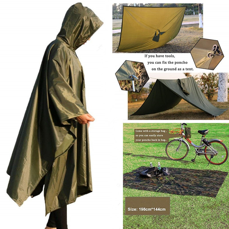 Multifunctional Rain Poncho Waterproof Emergency Military Raincoat Hiking Poncho