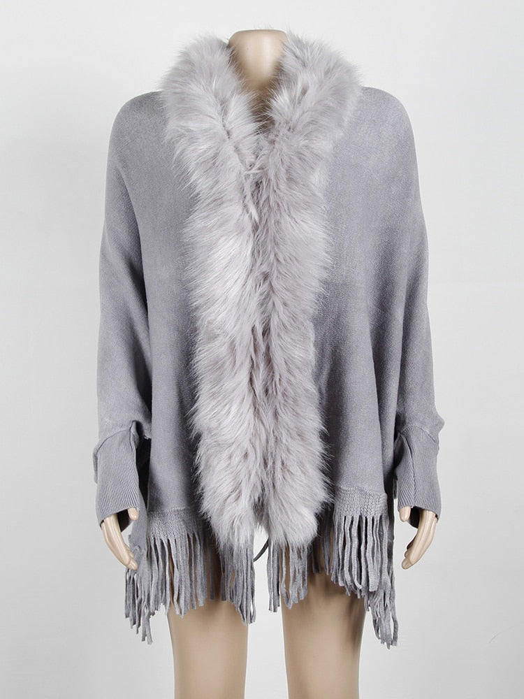 Fitshinling Fur Collar Winter Shawls And Wraps Bohemian Fringe Oversized Womens