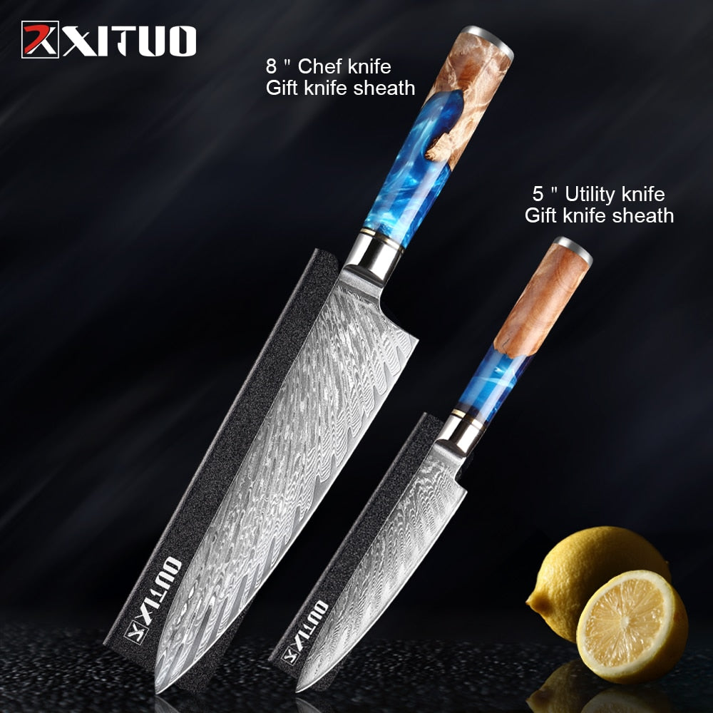 XITUO Kitchen Knives-Set Damascus Steel VG10 Chef Knife Cleaver Paring Bread Knife