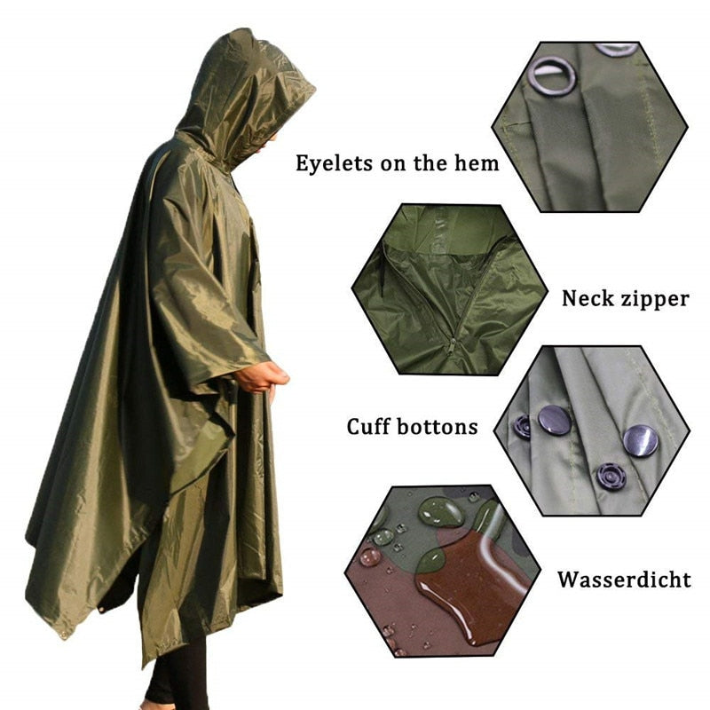 Multifunctional Rain Poncho Waterproof Emergency Military Raincoat Hiking Poncho