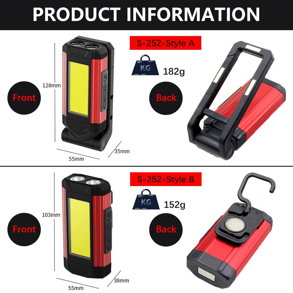 USB Rechargeable COB Work Light Super Bright LED Flashlight Portable Camping Lamp