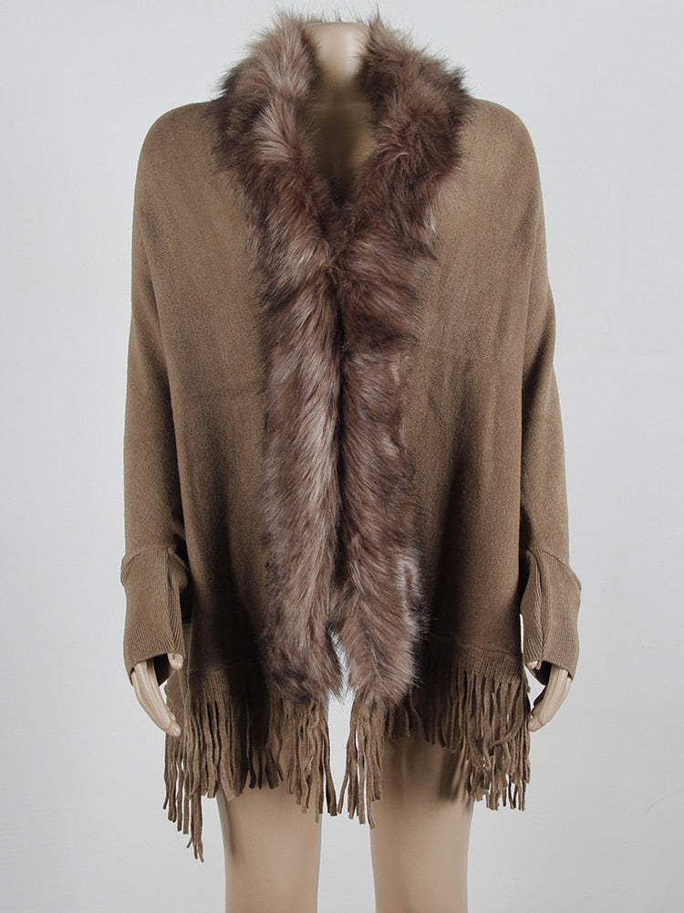 Fitshinling Fur Collar Winter Shawls And Wraps Bohemian Fringe Oversized Womens