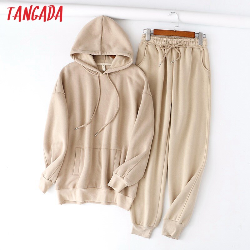 Tangada 2022 Autumn Winter Women tracksuit thick fleece 100% cotton suit