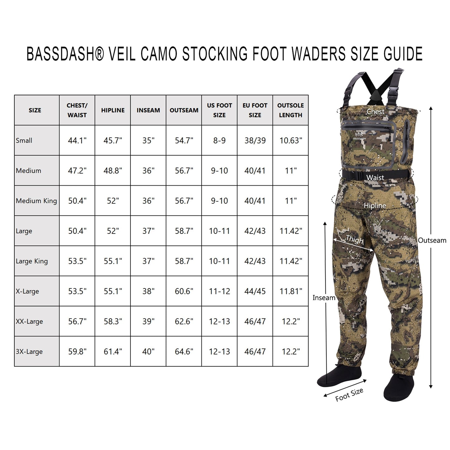 Bassdash Veil Camo Chest Stocking Foot and Boot Foot Fishing Hunting Waders for Men