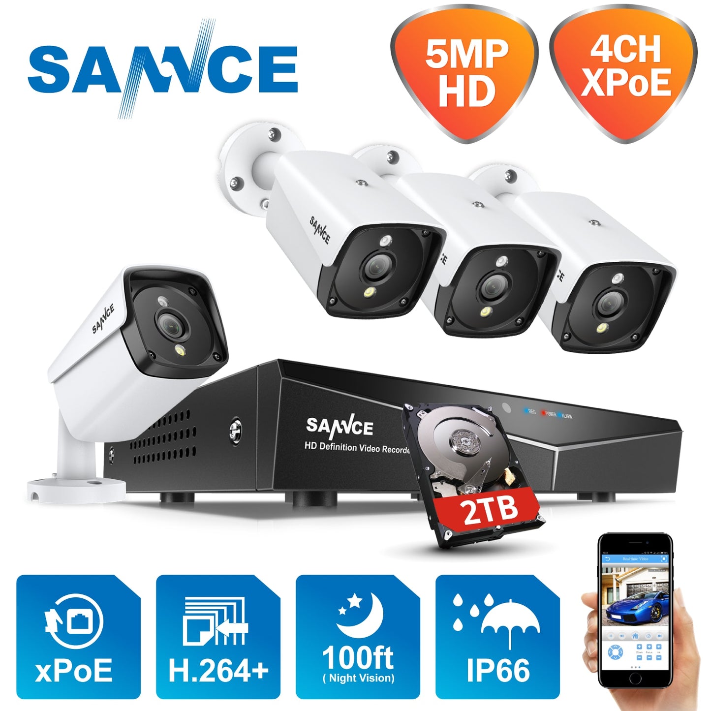 SANNCE 4CH HD 5MP XPOE CCTV NVR System 5MP 4PC IP Cameras Outdoor Weatherproof