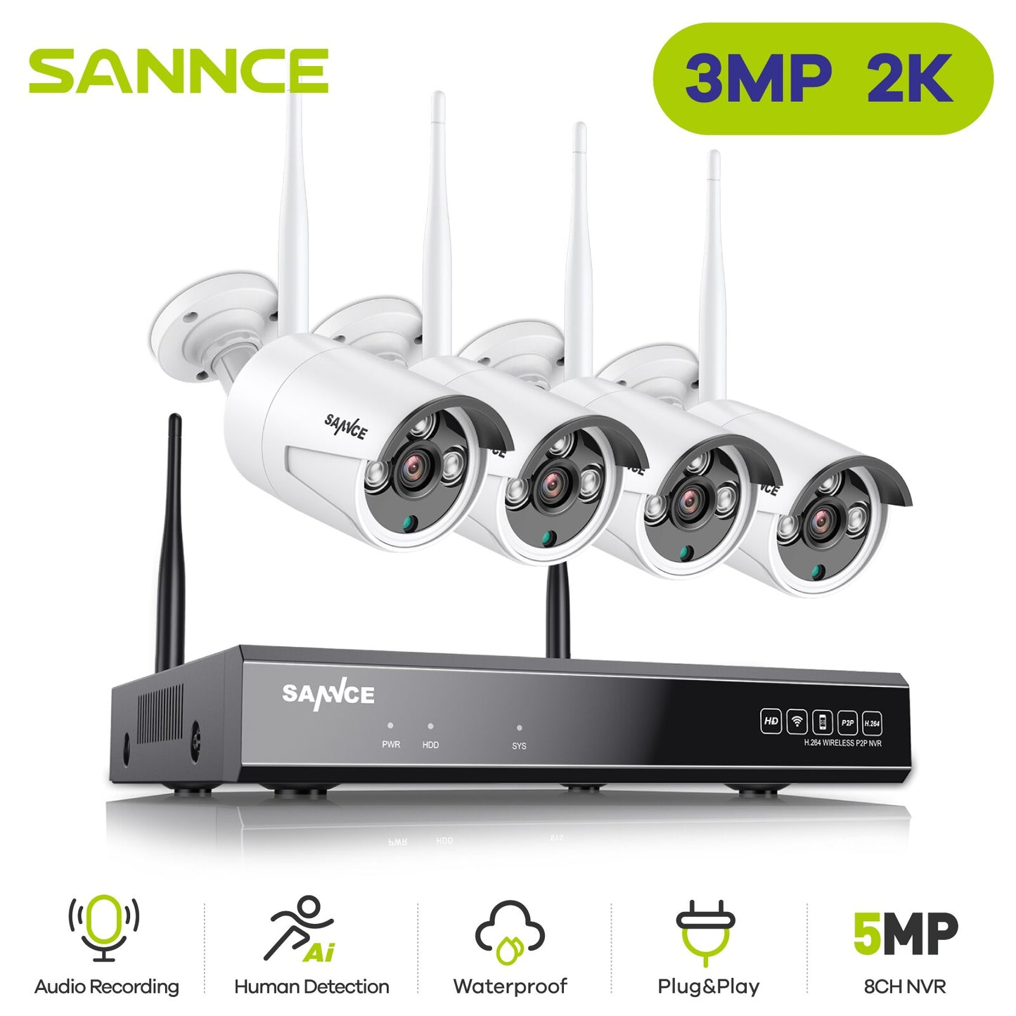 SANNCE 4CH HD 5MP XPOE CCTV NVR System 5MP 4PC IP Cameras Outdoor Weatherproof