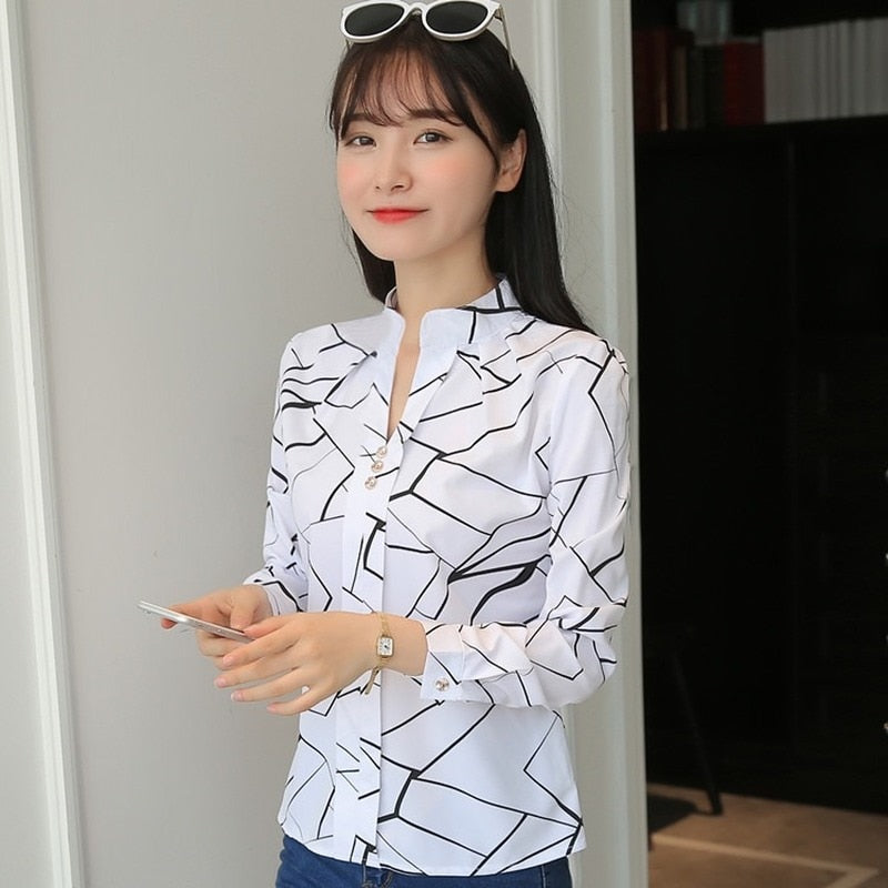 JFUNCY Women White Tops and Blouses Fashion Stripe Print Casual Long Sleeve Office