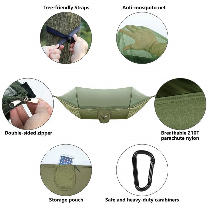 2022 Camping Hammock with Mosquito Net Pop-Up Light Portable Outdoor Parachute