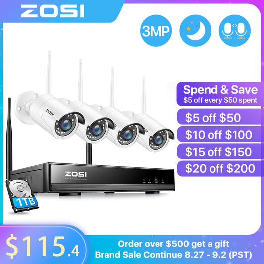 ZOSI 3MP Wireless Security Cameras System with 8channel H.265 2K CCTV NVR &amp