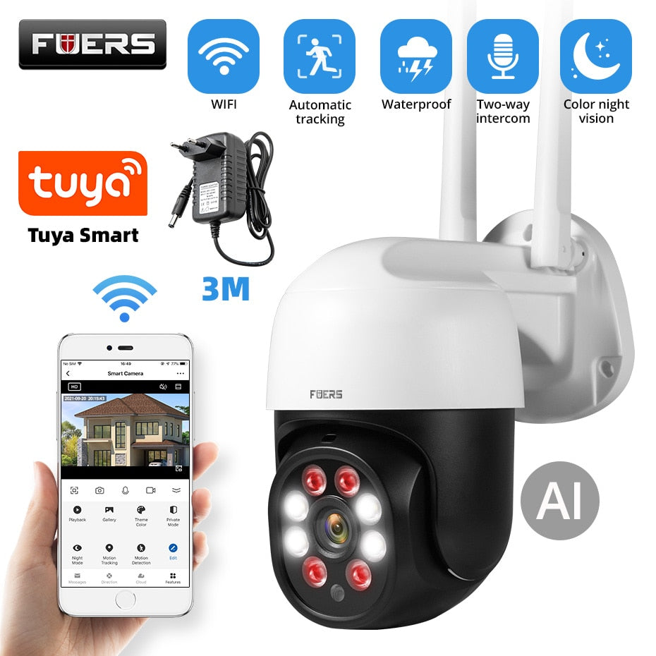 Fuers 1080P 3MP IP Camera Tuya Smart Outdoor Home Security Auto Tracking AI Human