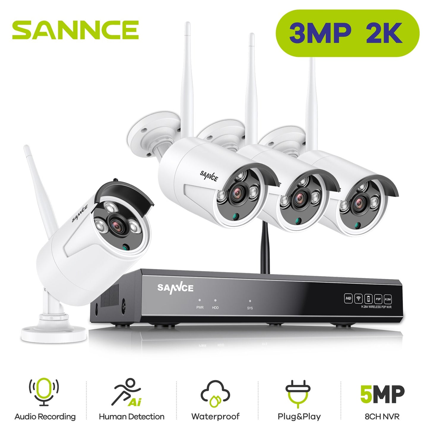 SANNCE 4CH HD 5MP XPOE CCTV NVR System 5MP 4PC IP Cameras Outdoor Weatherproof