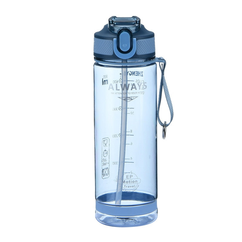 800ml Sports Water Bottle with straw For Camping Hiking Outdoor Plastic Transparent