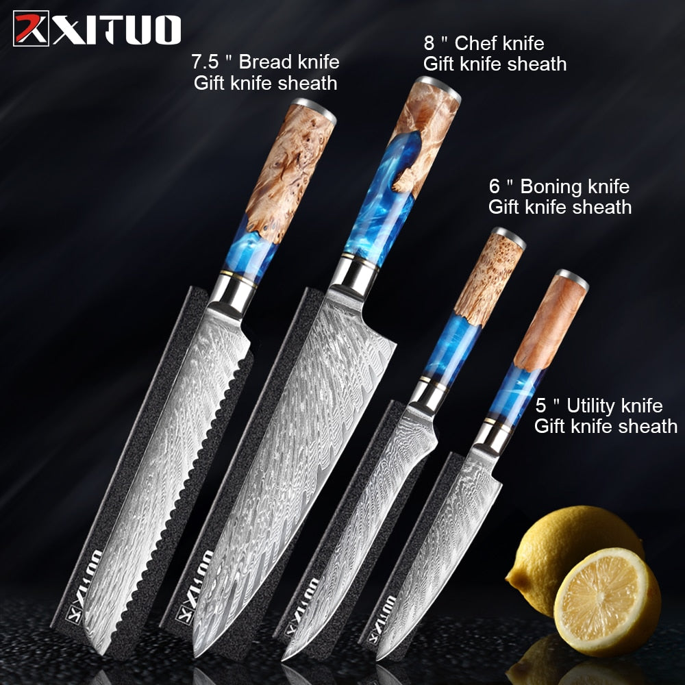 XITUO Kitchen Knives-Set Damascus Steel VG10 Chef Knife Cleaver Paring Bread Knife