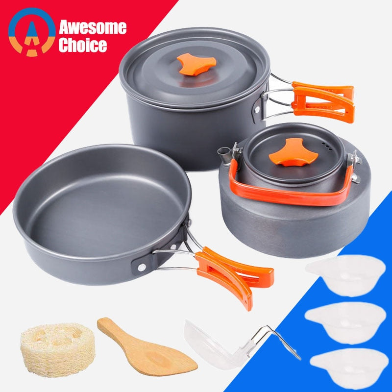 Camping Cookware Kit Outdoor Aluminum Cooking Set Water Kettle Pan Pot Travelling