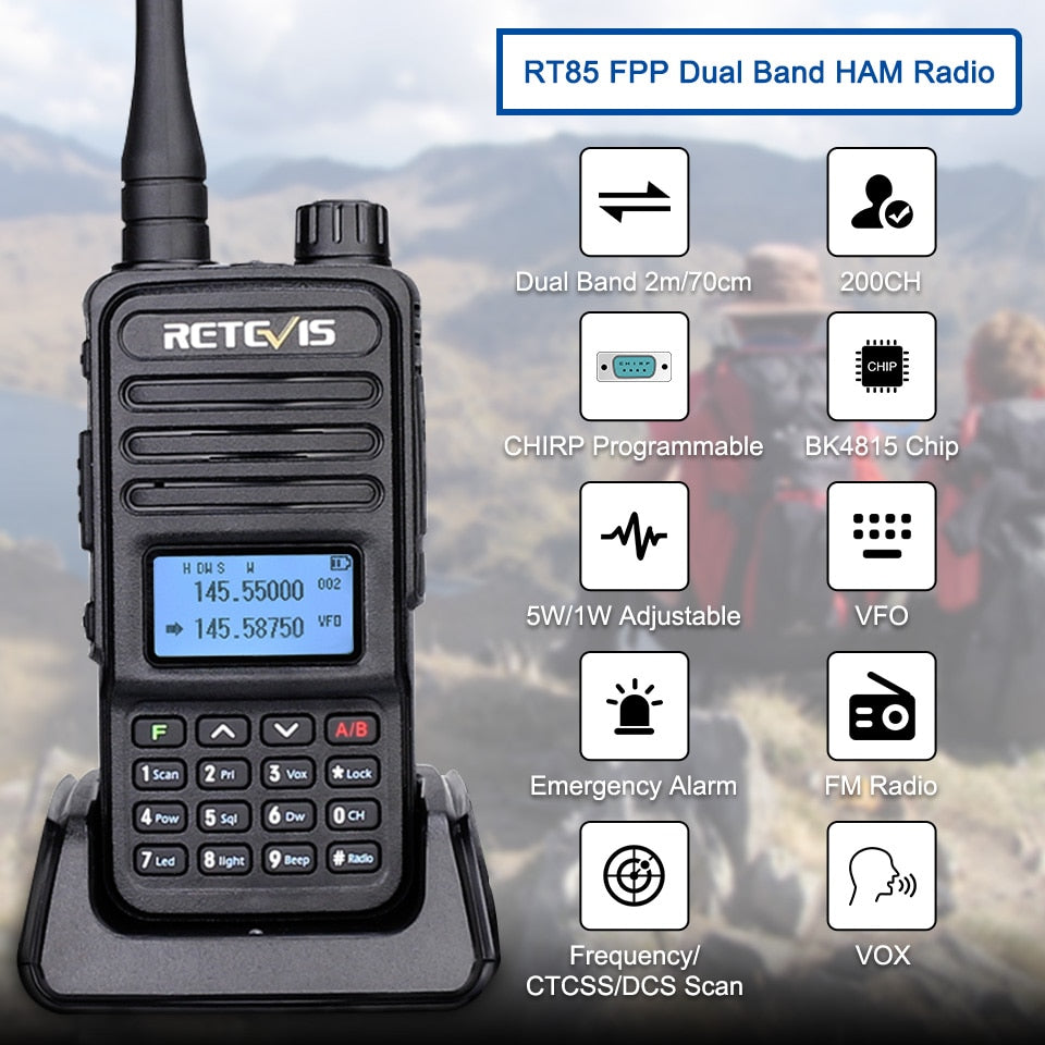 Retevis Walkie Talkie RT85 Ham Two-way Radio Stations 5W Walkie-talkies VHF UHF Dual Band