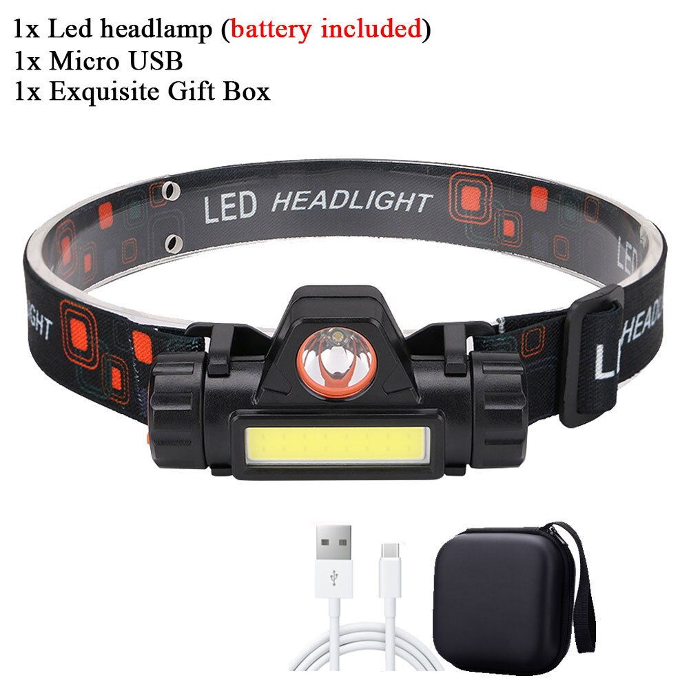 Portable Mini Flashlight Q5+COB Led Headlamp Powerful Built-in 18650 Battery Outdoor