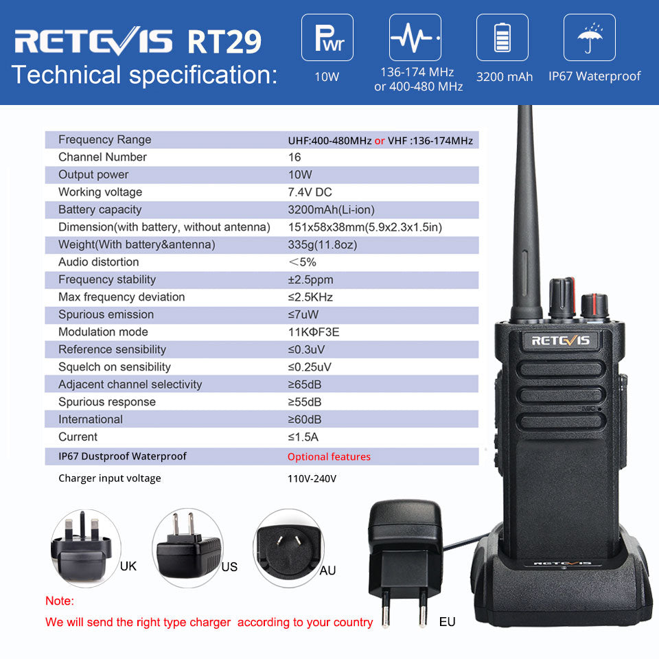 Portable Walkie Talkie Long Range RETEVIS IP67 Waterproof RT29 2pcs UHF VHF 10W