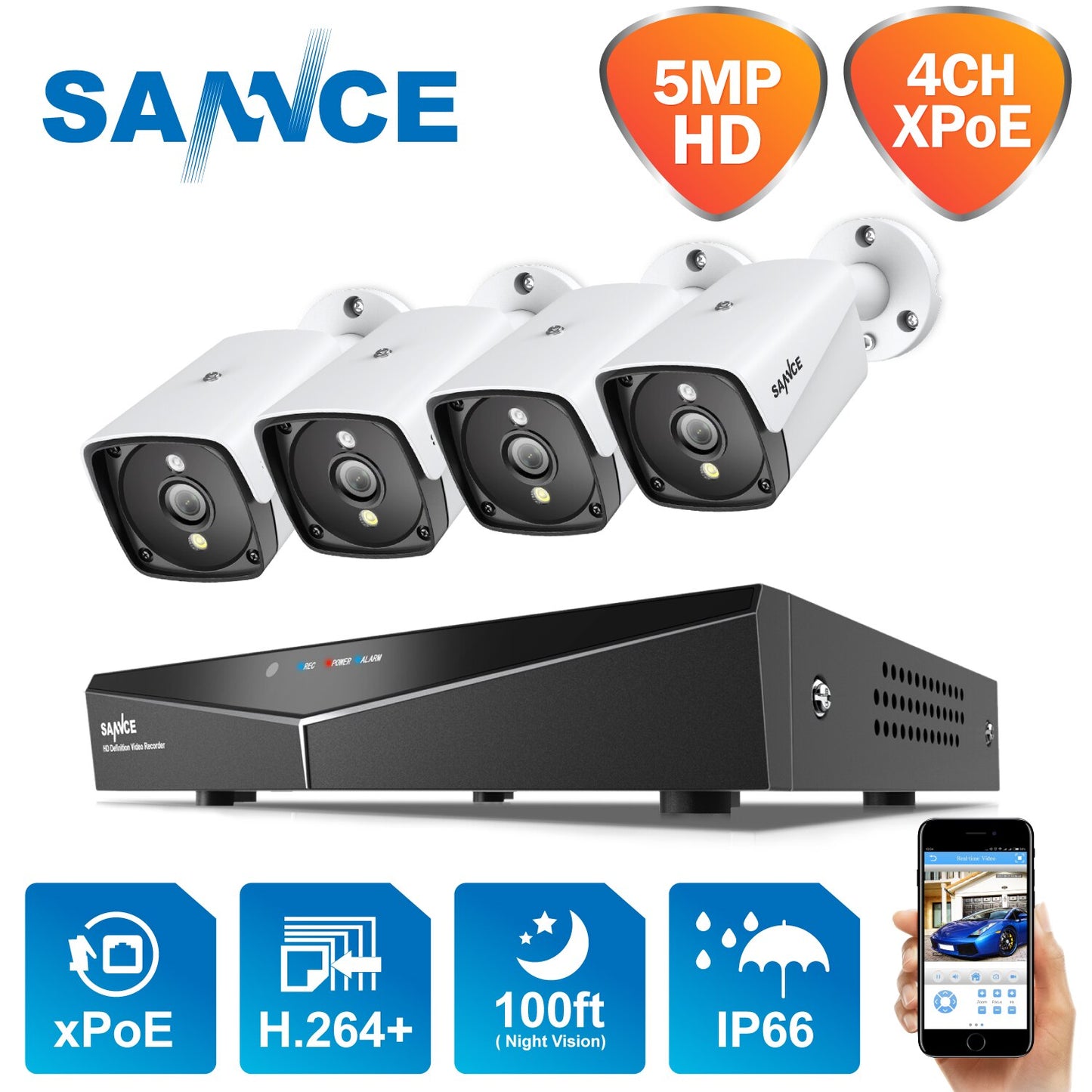 SANNCE 4CH HD 5MP XPOE CCTV NVR System 5MP 4PC IP Cameras Outdoor Weatherproof