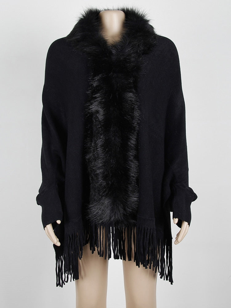 Fitshinling Fur Collar Winter Shawls And Wraps Bohemian Fringe Oversized Womens