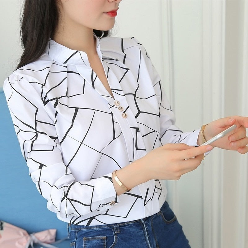 JFUNCY Women White Tops and Blouses Fashion Stripe Print Casual Long Sleeve Office