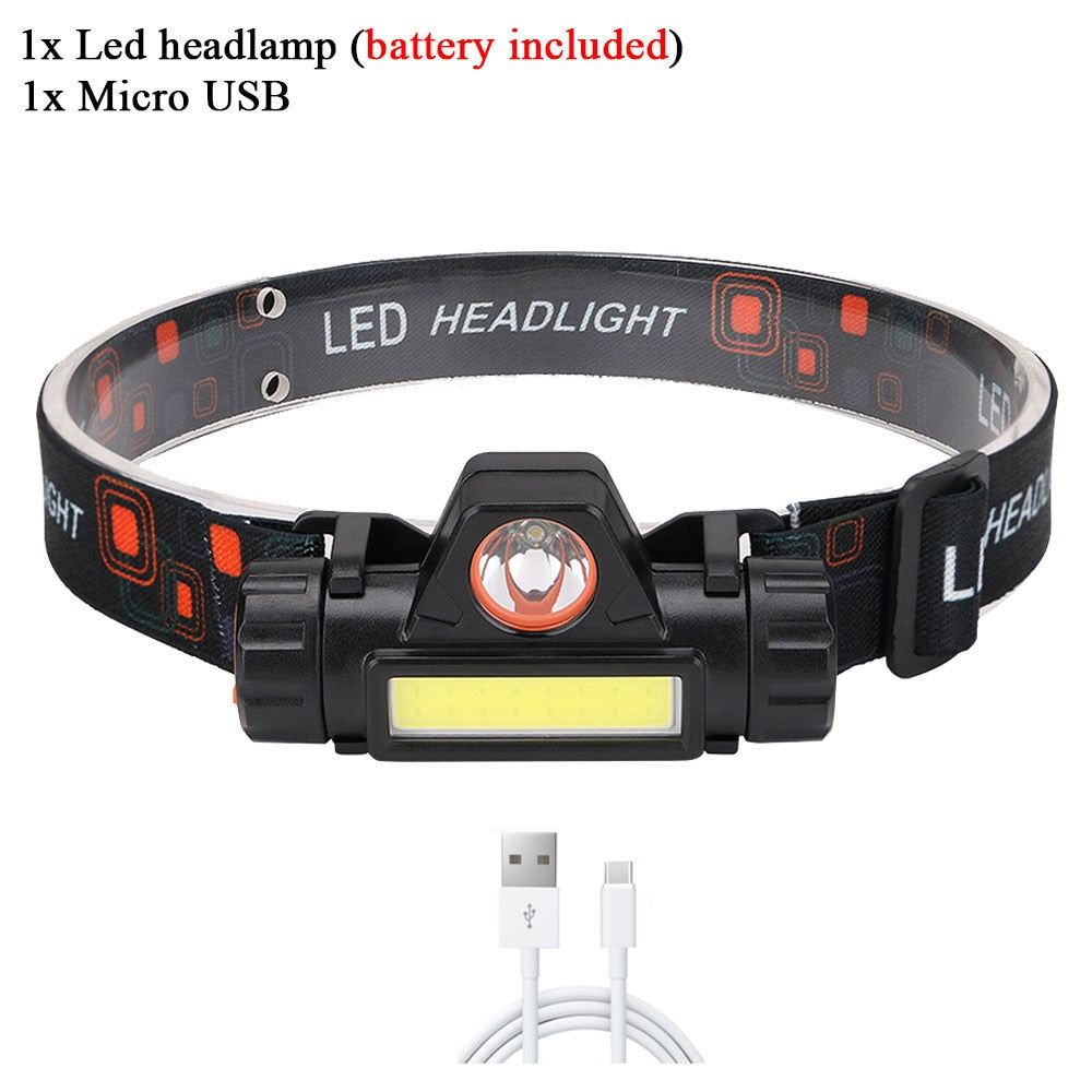 Portable Mini Flashlight Q5+COB Led Headlamp Powerful Built-in 18650 Battery Outdoor