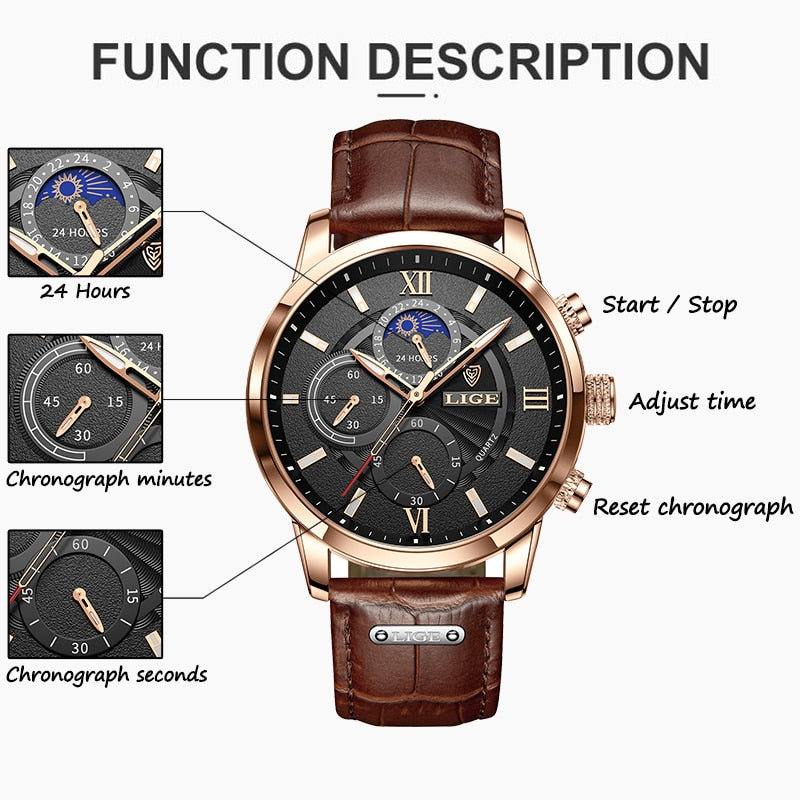 2022 LIGE Men&#39;s Watches Top Brand Luxury Men Wrist Watch Leather Quartz Watch