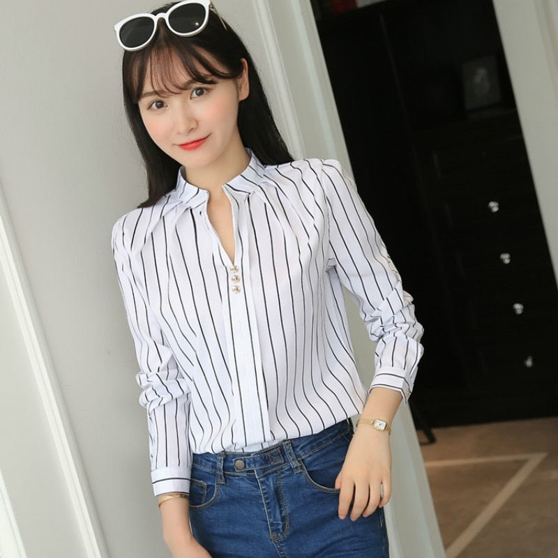 JFUNCY Women White Tops and Blouses Fashion Stripe Print Casual Long Sleeve Office