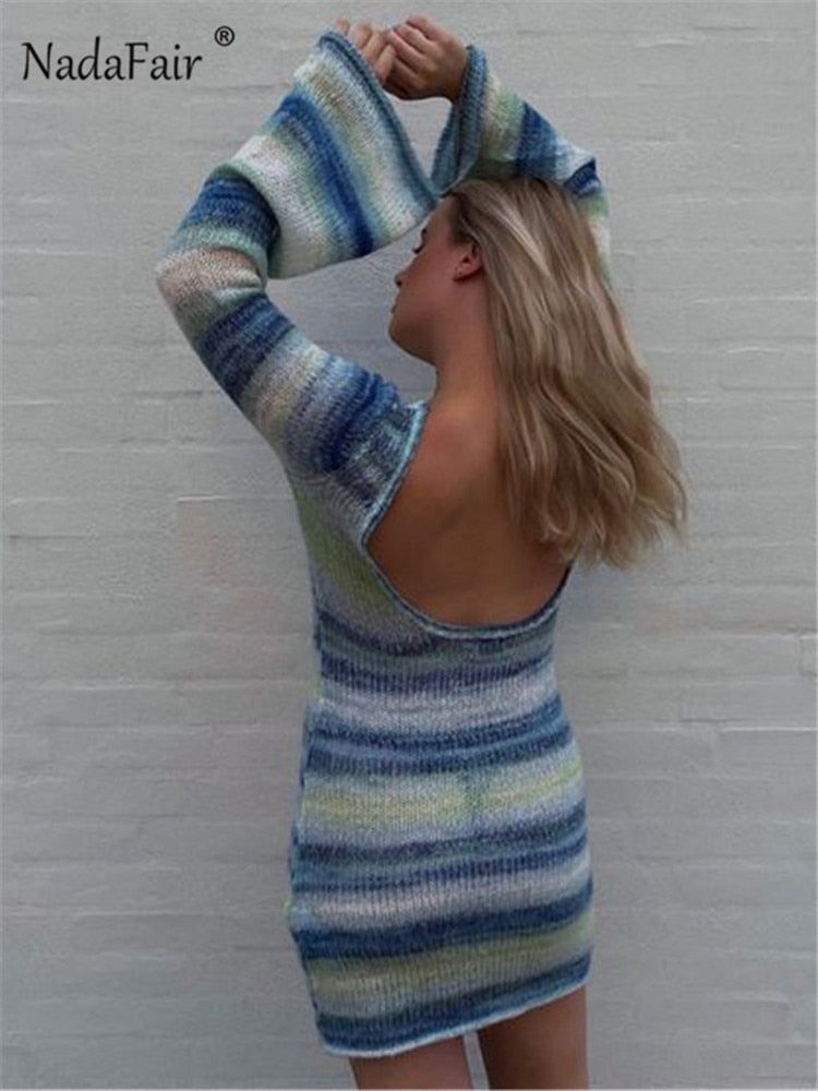 Nadafair Tie Dye Mini Knitted Sweater Dress Women Long Sleeve Autumn Outfits Sexy