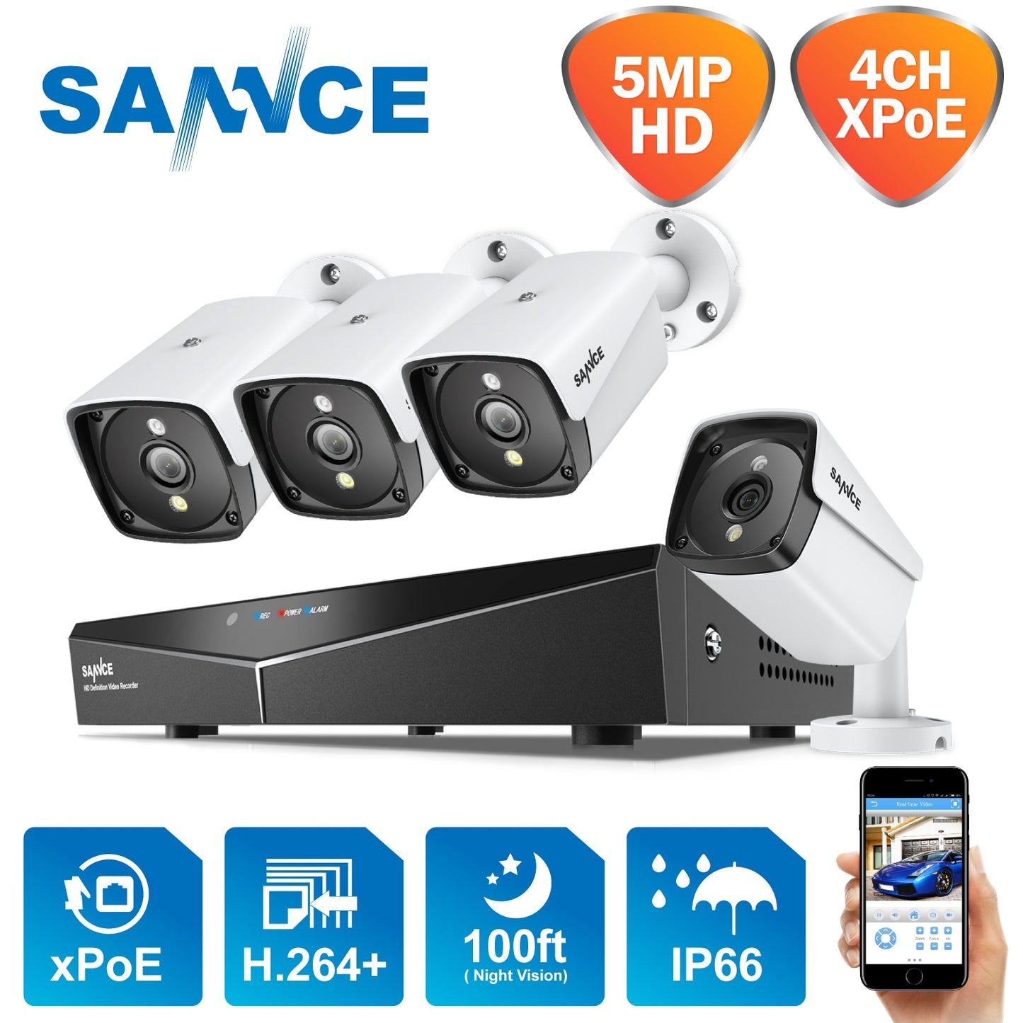 SANNCE 4CH 5MP XPOE HD Video Surveillance Camera System H.264+ NVR With 4X 5MP IP