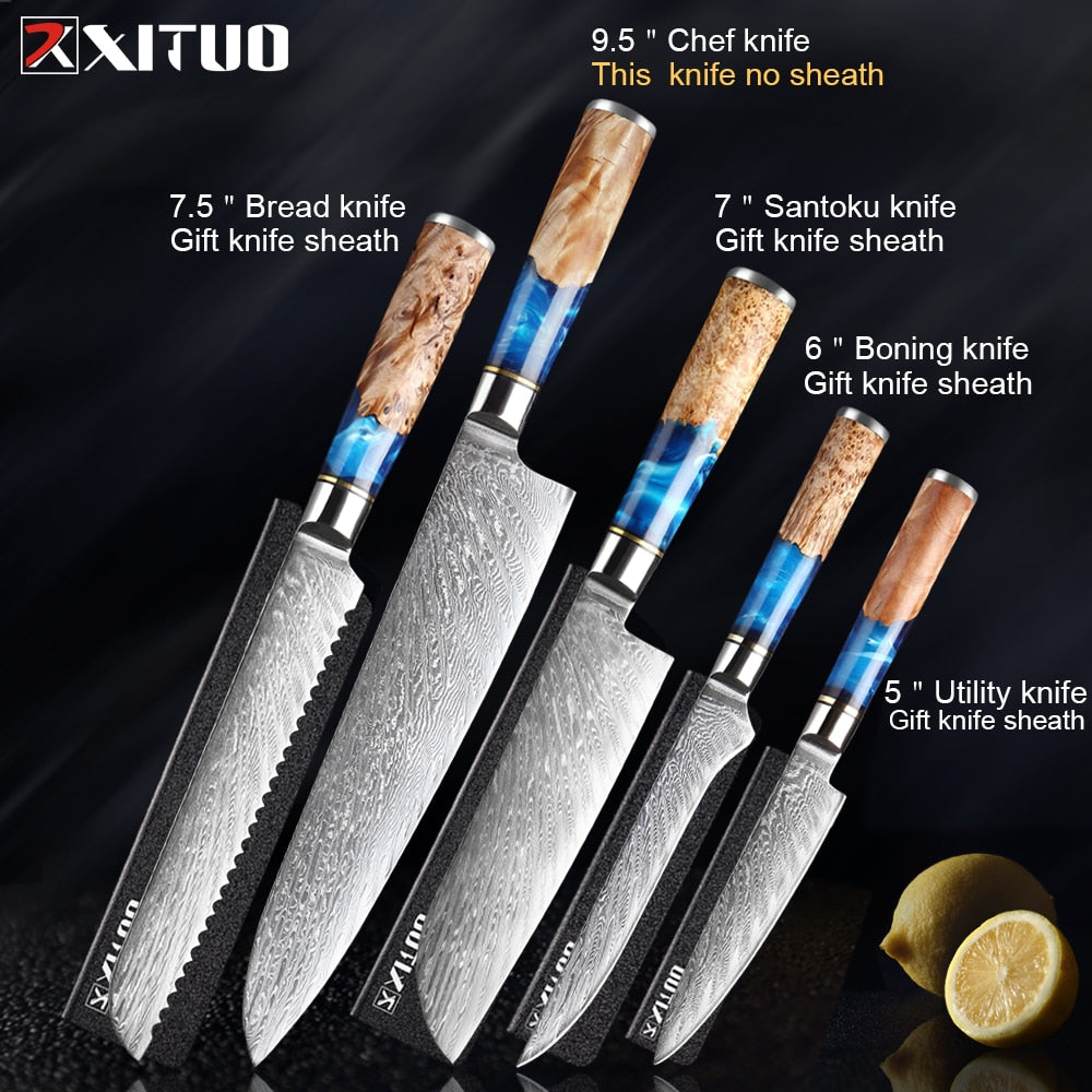 XITUO Kitchen Knives-Set Damascus Steel VG10 Chef Knife Cleaver Paring Bread Knife