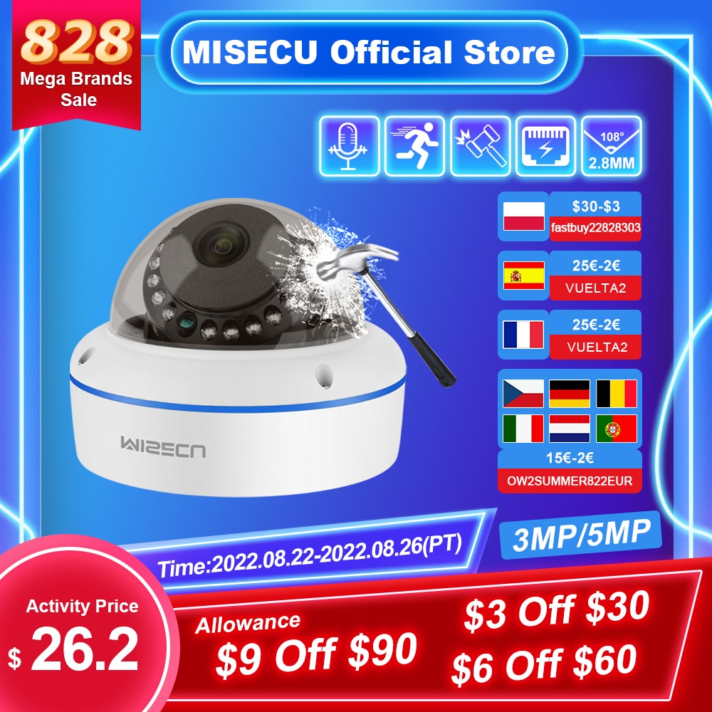 MISECU Super HD 5MP 3MP H.265 Surveillance IP POE Camera Audio Microphone Dome